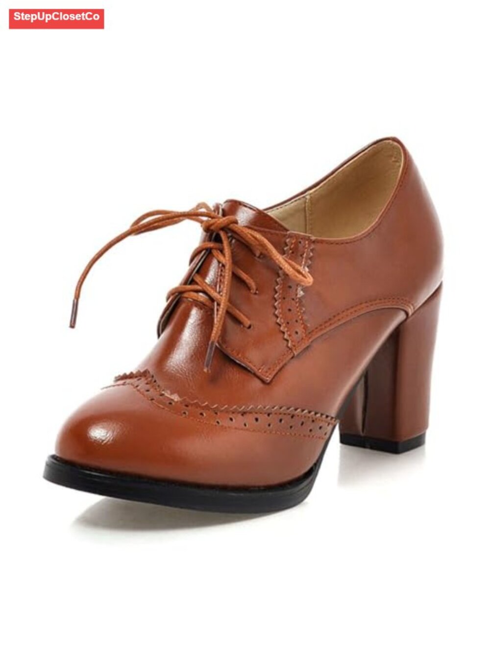 Women's Chunky Block Heel Wingtip Oxfords PU Brogues Lace Up Pumps